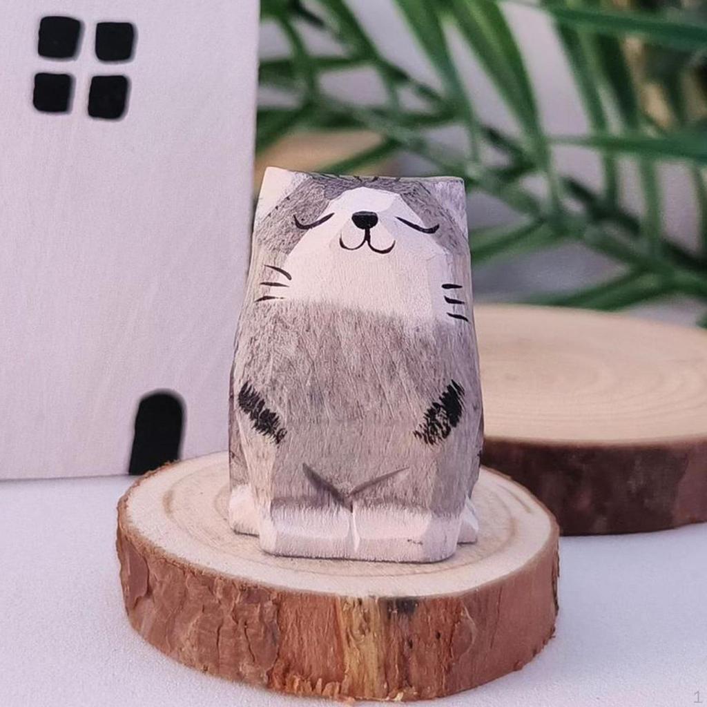 Cat En Wood Figurine Carved Animal Art Sculpture