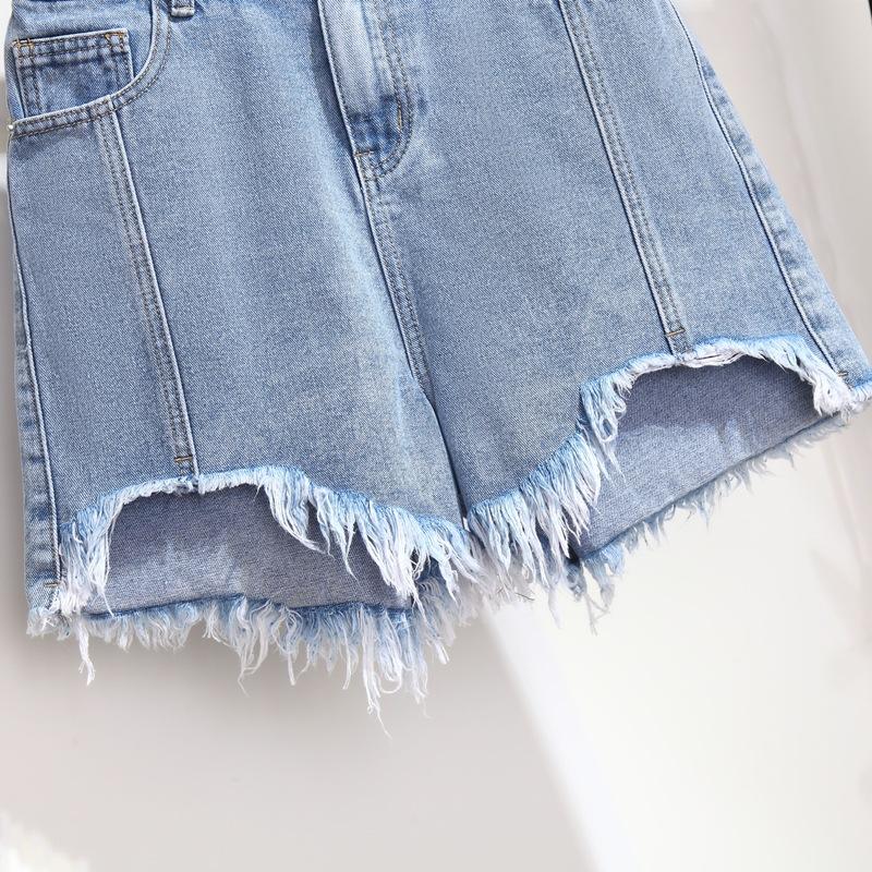 Короткие джинсы больших размеров для женщин, летние повседневные синие свободные женские джинсовые шорты с заусенцами, широкие джинсовые брюки