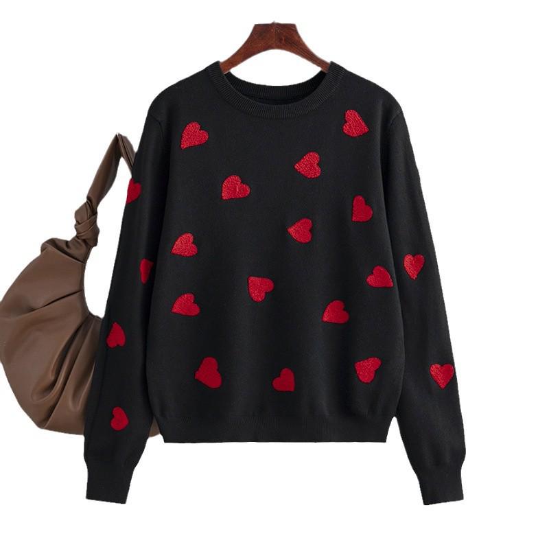 2023 Autumn Winter Heart Pattern Pullover: Plus Size Women's Knitwear, European & American Style, Loose Sweater