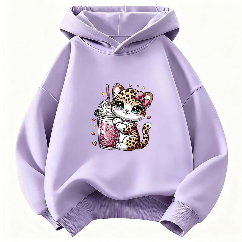 Leopard Print Cat Cute Hoodie Kids Cat Children's Sweatshirt Cute Funny Hoody for Boys Girls Autumn Winter Casual Hoodies