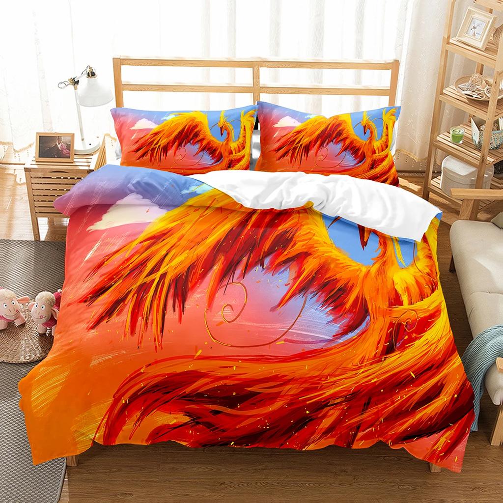 Phoenix Duvet Cover Set King Queen Size for Kids Boy Girls Bedding Set Yellow Animals Pattern Polyester Quilt Cover with Zipper