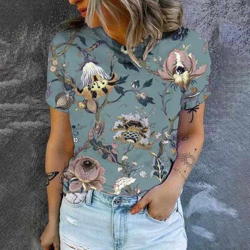 Elegant Women's T-shirt Fashion Retro Flower 3D Pattern Print T-shirt Women's Short Sleeved T-shirt Summer Leisure T-shirt