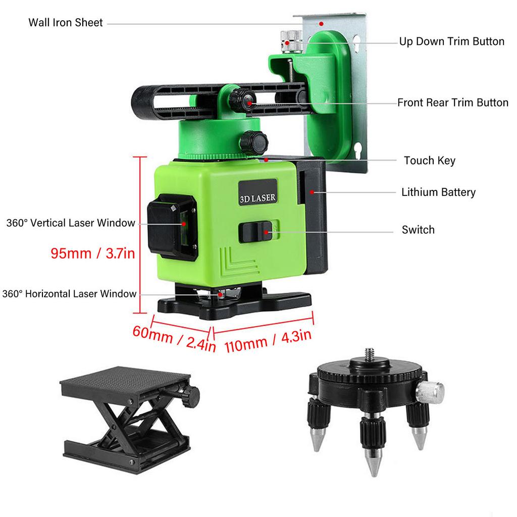 16-линейный перекрестный лазерный нивелир, самовыравнивающийся, горизонтальный, вертикальный, зеленый световой уровень 3x360 градусов