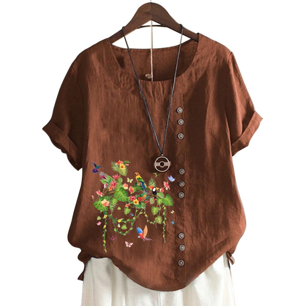 Fashionable Women's Cotton Short Sleeve Top with 11 Colorful Floral Prints and Round Neck