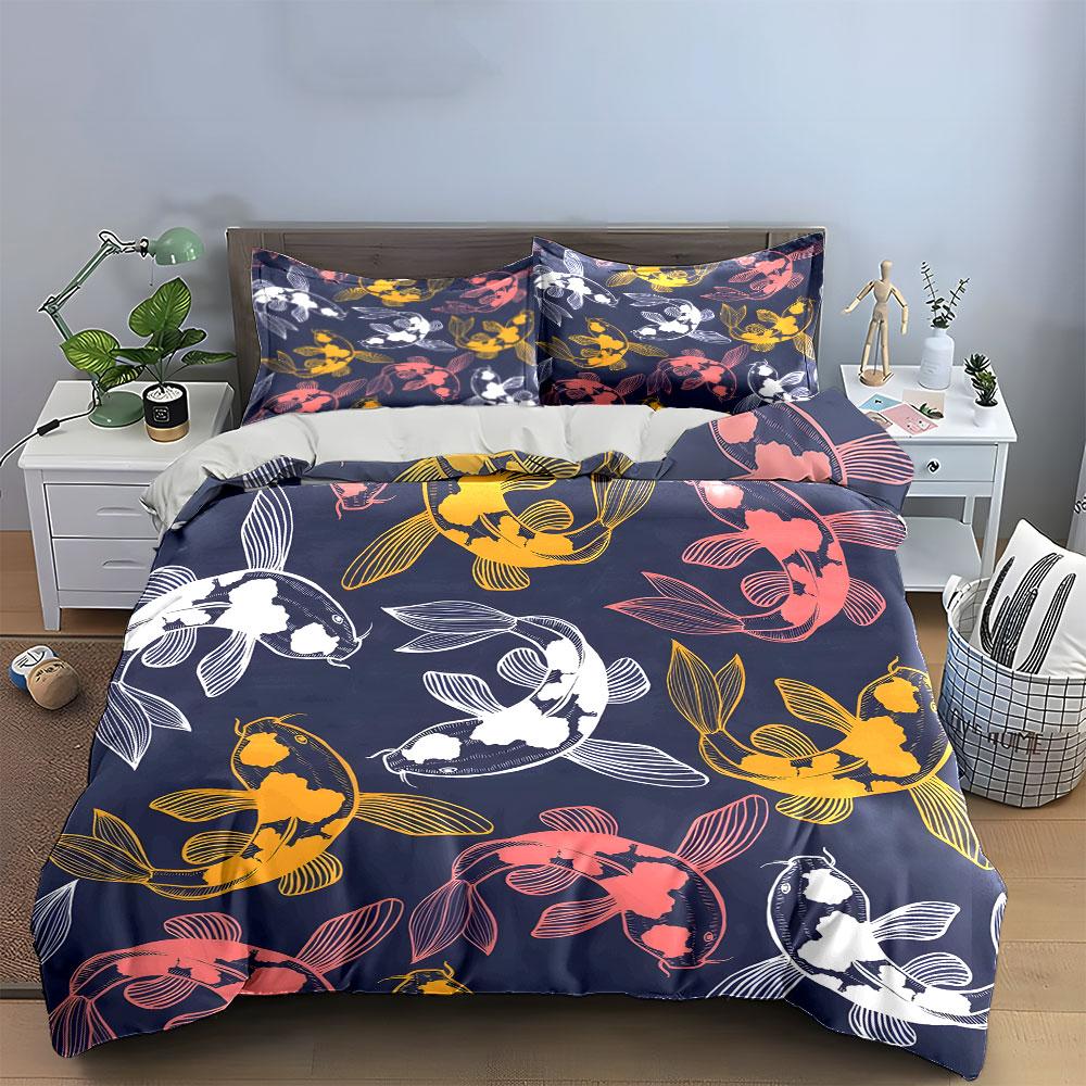 Colorful Koi Fish Pattern Bedding Duvet Cover Set  (1*Duvet Cover 2*Pillowcases, without duvet insert)