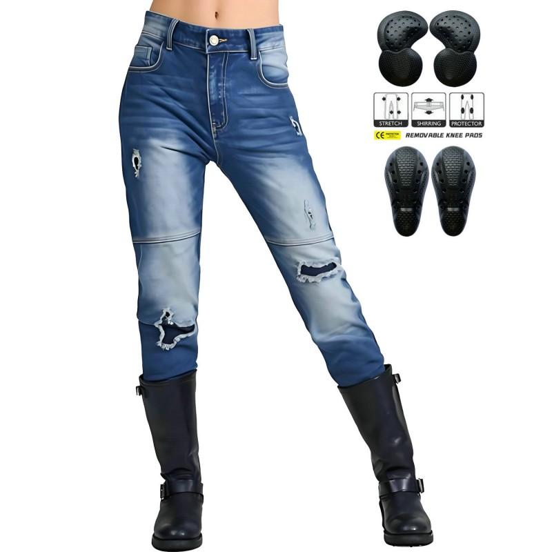 Womens Ripped Distressed Denim Motorcycle Riding Pants Straight Cut Stretch Cotton Biker Jeans