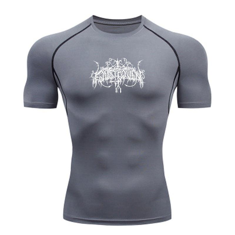 Men's Quick Dry Compression Fitness T-shirt, Casual Spiked Black Metal Pattern Athletic Tee for Gym Workout Running Training Activewear