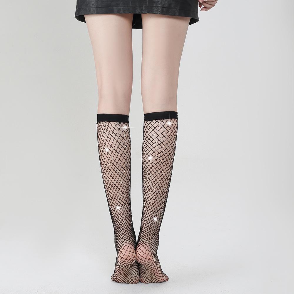 Fishnet Diamond Short Socks - European & American Style, Women's Mid-Tube Sparkling White Design (TZ5006)