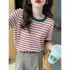 2026 Stripe Tops Women Knitted Round Collar Summer Print Short Sleeve Casual Simple Wild T-Shirt