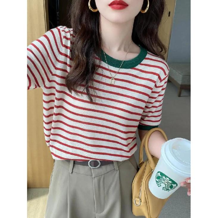 2026 Stripe Tops Women Knitted Round Collar Summer Print Short Sleeve Casual Simple Wild T-Shirt