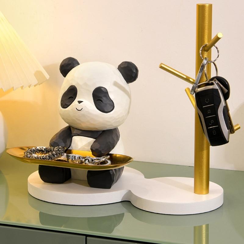 Decorative Panda Resins Statue with Storage Tray for Key and Trinkets Animal Sculpture Entryway Living Room Table Decors