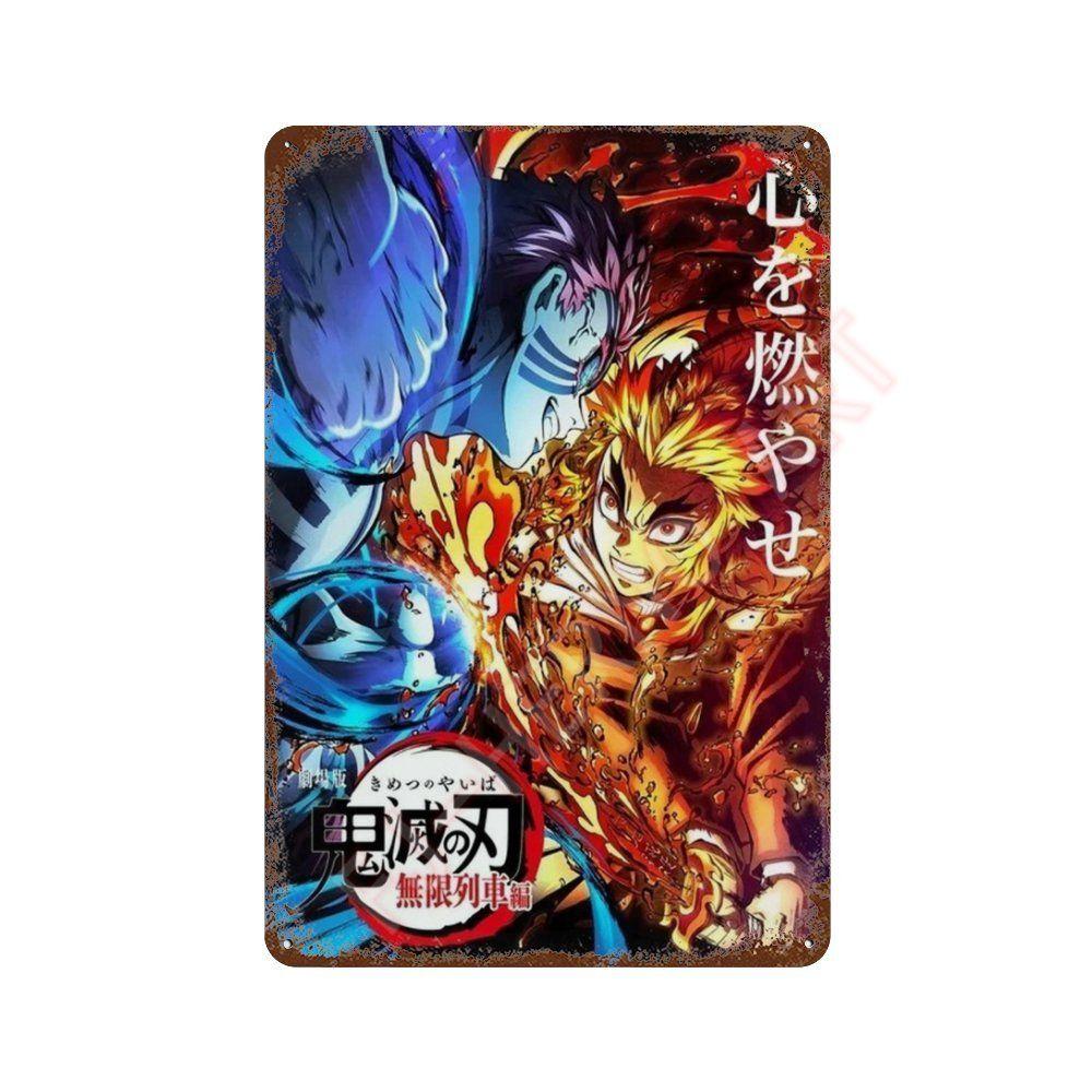 Classic Pop Anime Demon Slayer Kyojuro Rengoku Art Poster Metal Tin Sign Plaque Wall Plates for Living Room Modern Home Decor