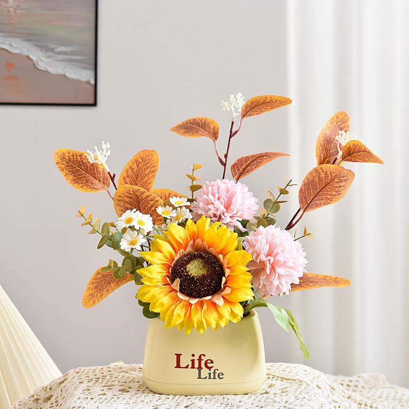 Living Room Decor: Artificial Sunflower and Green Plant Arrangements, Small Potted Plants, and Plastic Bouquets