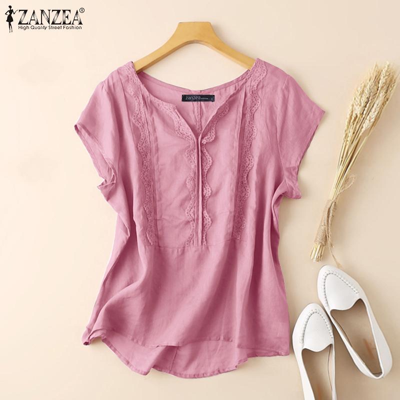 ZANZEA Women Summer V-neck Short Sleeve Lace Splice Blouse Tops