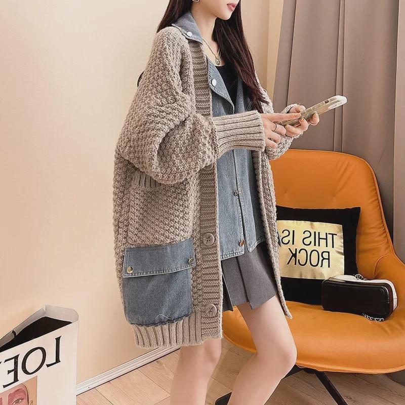 2024 Женская свободная джинсовая куртка-свитер из двух частей с имитацией вставки на осень/зиму