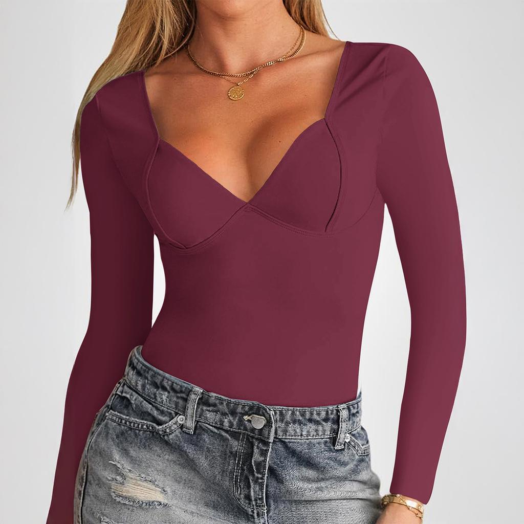 Женский сексуальный облегающий однотонный топ с V-образным вырезом и длинными рукавами