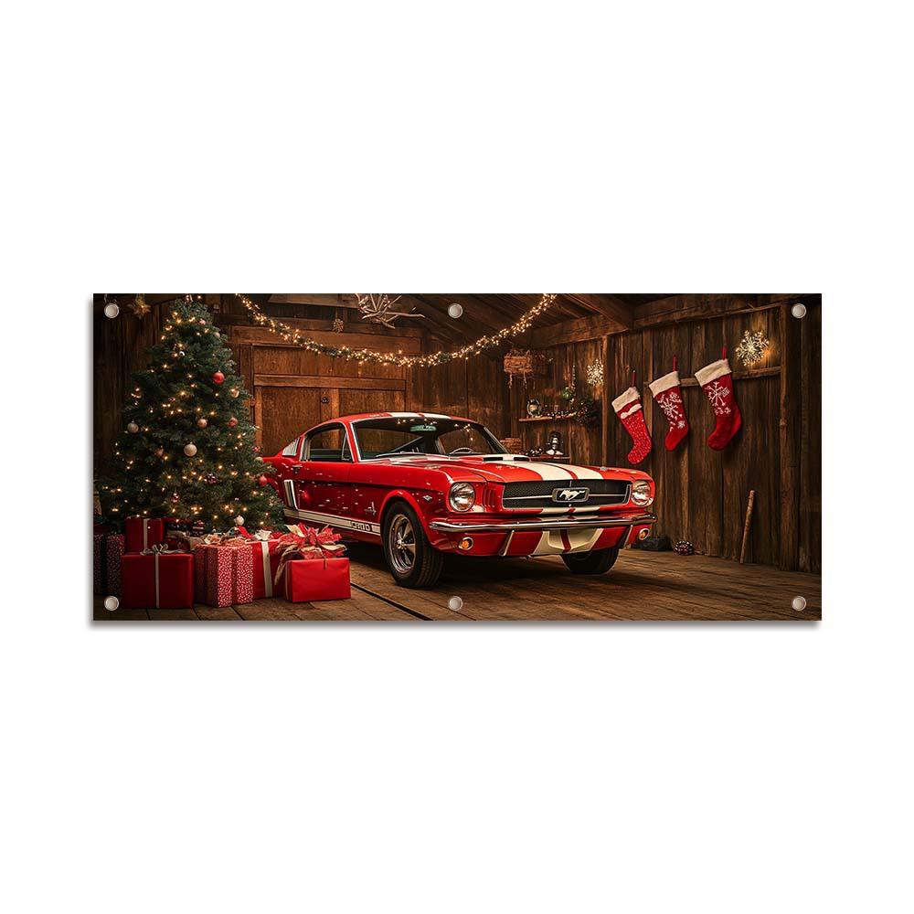 Decorate the garage door with Christmas yard banners and hang the party decoration backdrop.