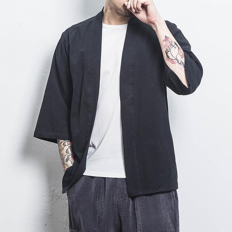 Мужской однотонный льняной кардиган с семью рукавами, топ в стиле ретро ханьфу из хлопка и льна