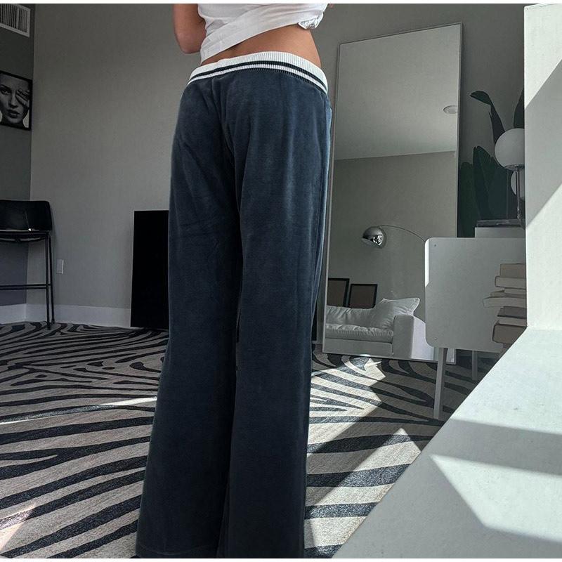 Повседневные брюки из синего бархата, уличные прямые брюки с шитьем, винтажные свободные женские брюки с завязками и низкой талией, базовые, весна-осень 2025 г.