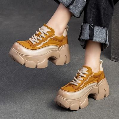 Туфли-лодочки для увеличения роста на толстой подошве, универсальные женские туфли на платформе в стиле ретро из натуральной кожи со шнуровкой