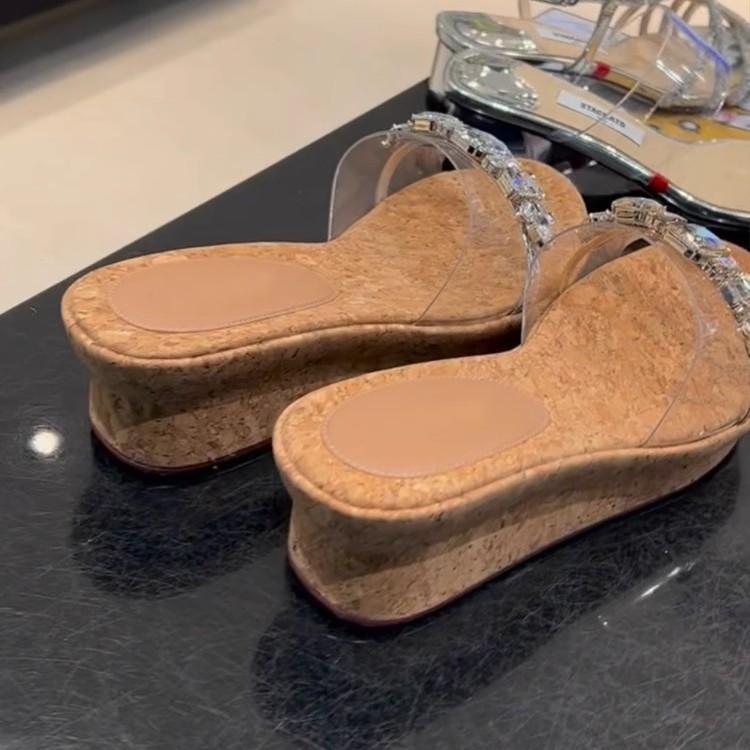 Beautiful Version of One-word Transparent Slope Heel Cool Slippers Women's 2025 New Summer Platform Slippers Wearing Beach Shoes