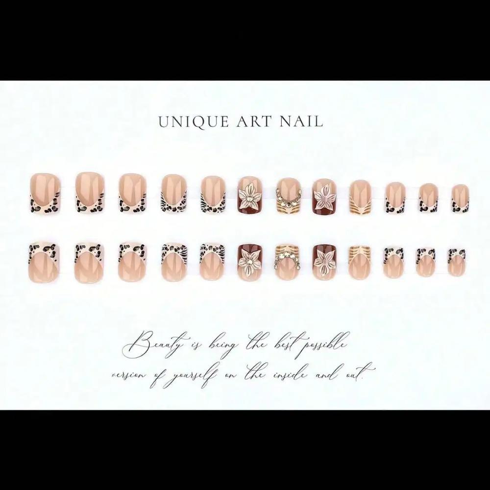 24Pcs 3D Embossed Carved Press‑on Nails European French Leopard Print Y2K Fake Nails Cool Girl Artificial Nail Tips for Party Wear