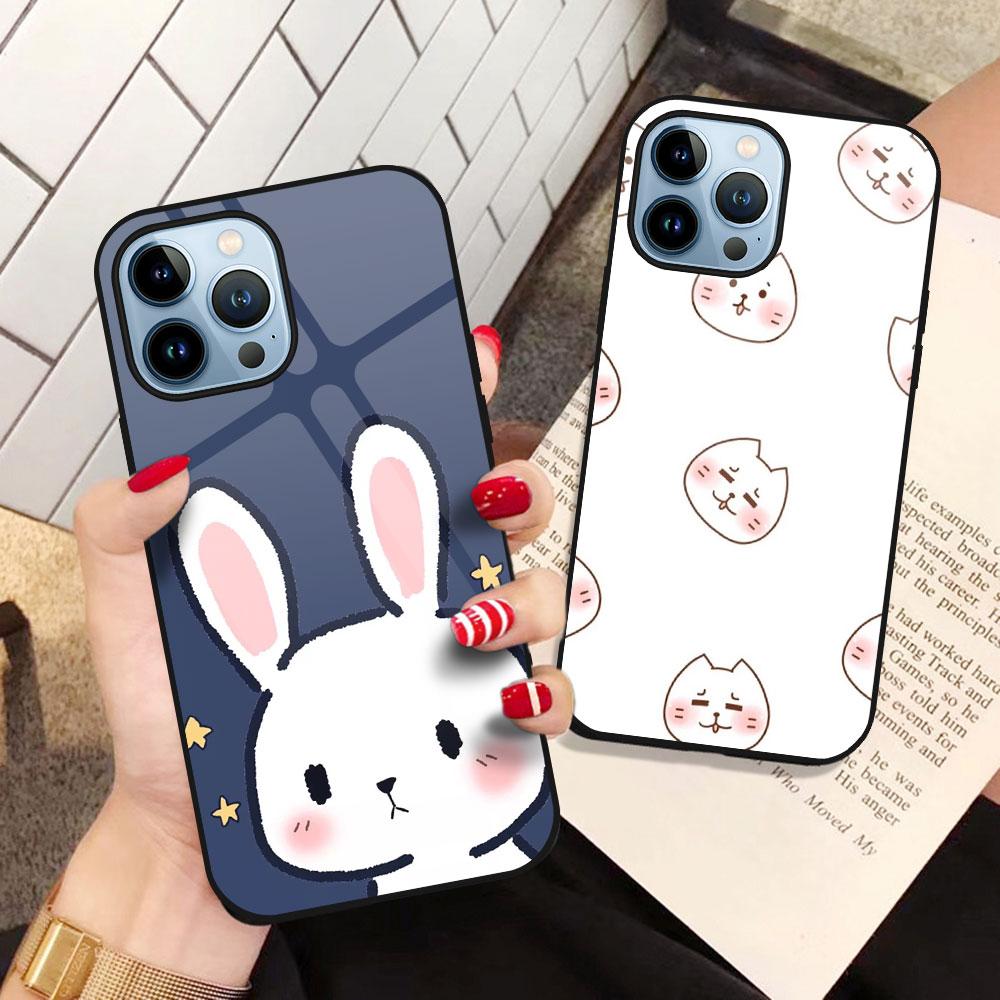 Cute Rabbit Animal Glass Case For Iphone 13 14 12 Pro Max Mini Xs Xr X Cover For Iphone 7 8 6s Plus Se 2022 11 Protection Shell