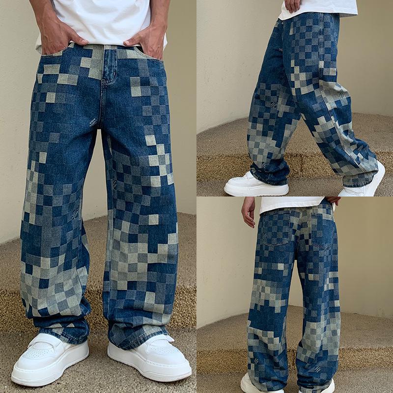 Men's Light Luxury Plaid Straight-Leg Jeans - Trendy Korean Style for Summer
