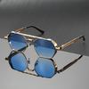 1PC Unisex Gold Metal Polygon Sunglasses, Gradient Lens Retro Trendy Frame, Ideal For Fashion & Casual Occasions