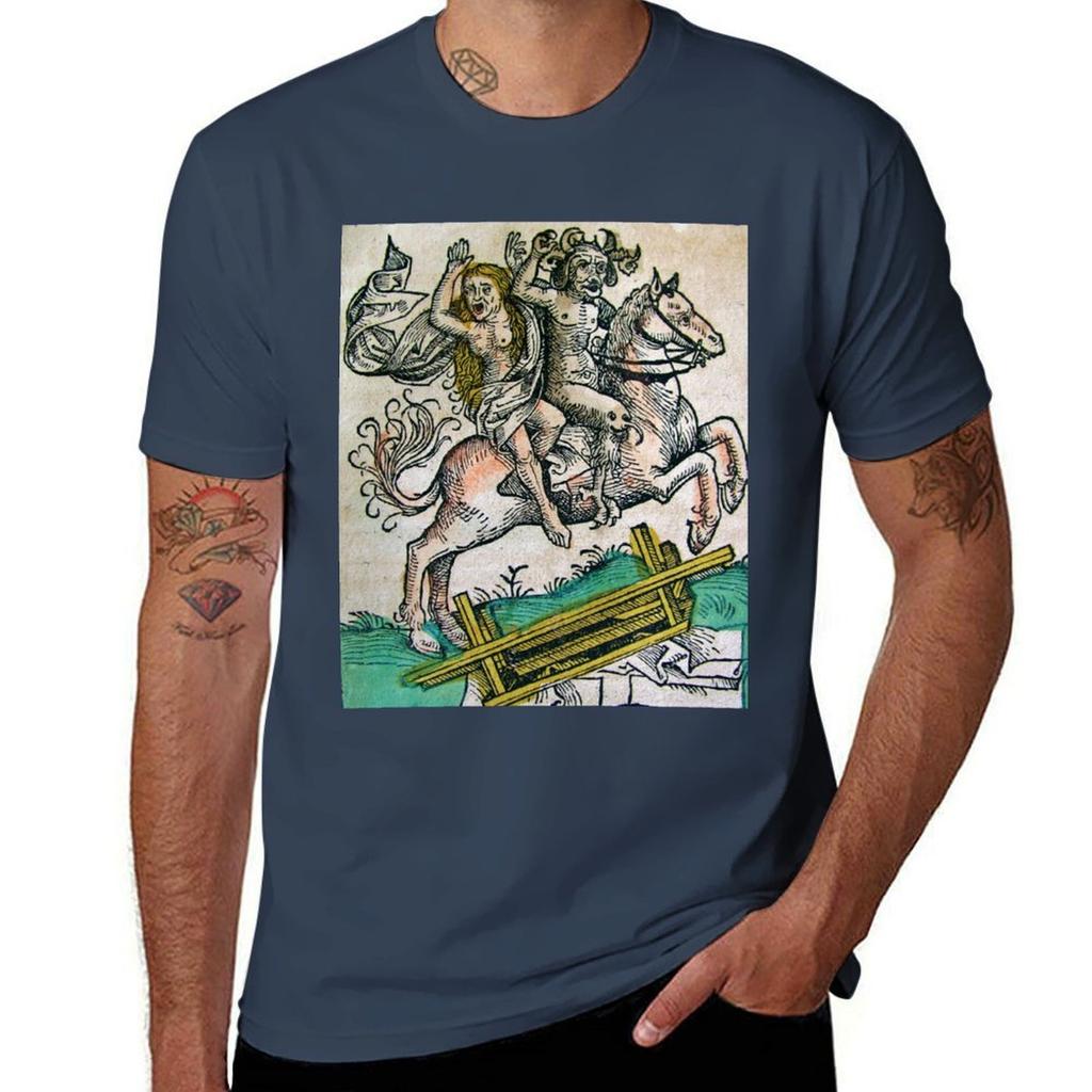 Medieval Devil With Nude Unisex On Horseback Tshirt Christmas Casual Tee Shirt Tshirt