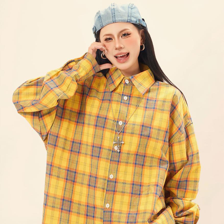 Золотистая клетчатая рубашка с длинным рукавом для мужчин и женщин, повседневная, универсальная, нишевая, для пар, куртка