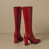 Women's Red Patent Leather Chunky Heel Boots - Autumn/Winter 2025 Collection, Metal Anti-Collision Square Toe, Elastic, Sexy Long Design.