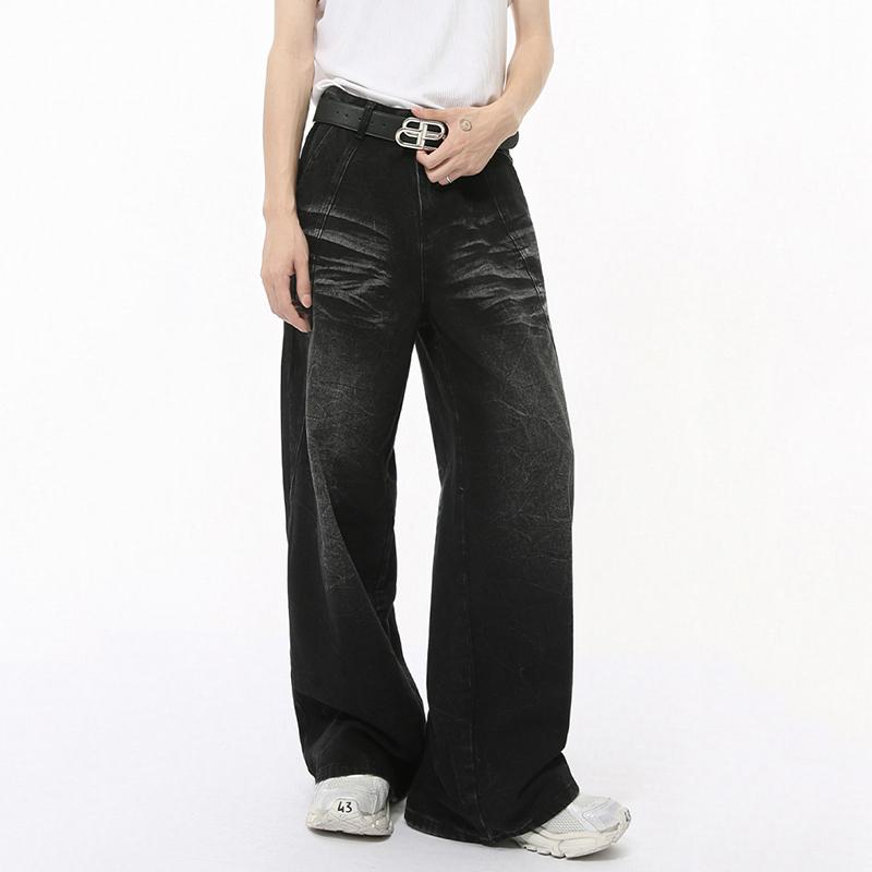 BeatStreet High Street Мужские Джинсы Повседневные Стиранные Складки Однотонные Свободные Модные Прямые Широкие Штанины Мужские Джинсовые Штаны Осень