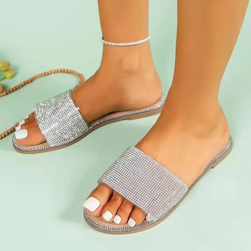 Летние, большие размеры, однотонные, повседневные, удобные, модные, с плоской подошвой, с круглым носком, женские сандалии, сексуальные, пляжные, со стразами, для ходьбы