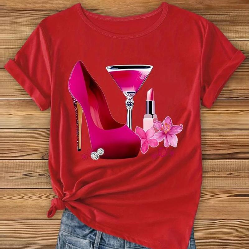 Fashion Women Lipstick High Heels Print T Shirt Funny Casual O-neck Short Sleeves T-shirt Summer Female Tee Shirt
