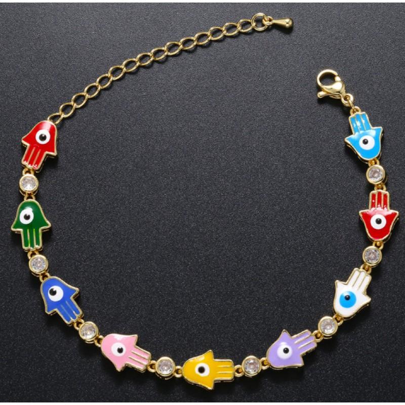 Colorful Drip Oil Palm Hand Chain Copper Gold Plated Zircon Multi Color Demon Eye Bracelet Women Men Bohemian Geometric