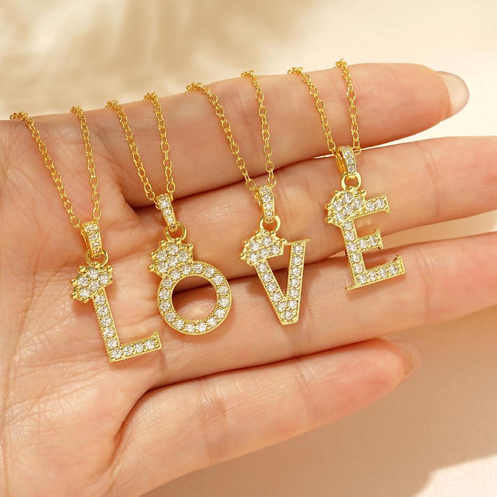 Gold-Plated Zircon Crown Letter Pendant Necklace - Women's Versatile Choker