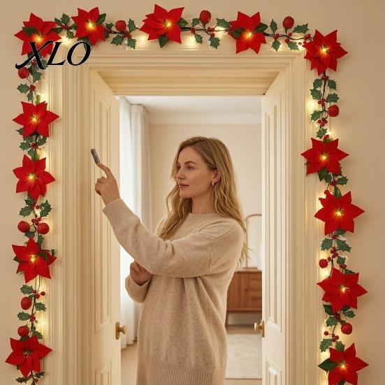 Christmas Decorative Lanterns Poinsettia String Lights, 200/300cm Red Green Floral Garland, Battery/USB Low Voltage LED Operated Indoor Outdoor Fairy