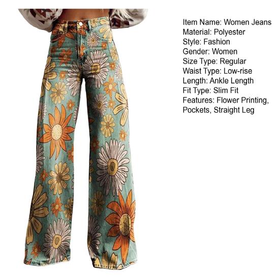 Women Jeans Button Zipper Fly Straight Leg Denim Pants with Pockets Digital Flower Print Long Trousers Streetwear