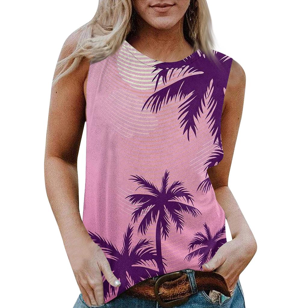 Женская повседневная футболка без рукавов с круглым вырезом и гавайским принтом