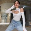 High Fashion Women’s Long-sleeved Bodysuit Solid Color Hollow Off-shoulder Half High Collar Jumpsuit