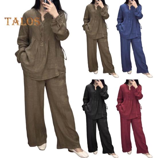 2 Pcs/Set Women Top Pants Suit Round Neck Half Single-breasted Long Sleeves Loose Blouse Wide Leg Pure Color Trousers Casual Pantsuit Sport Clothes
