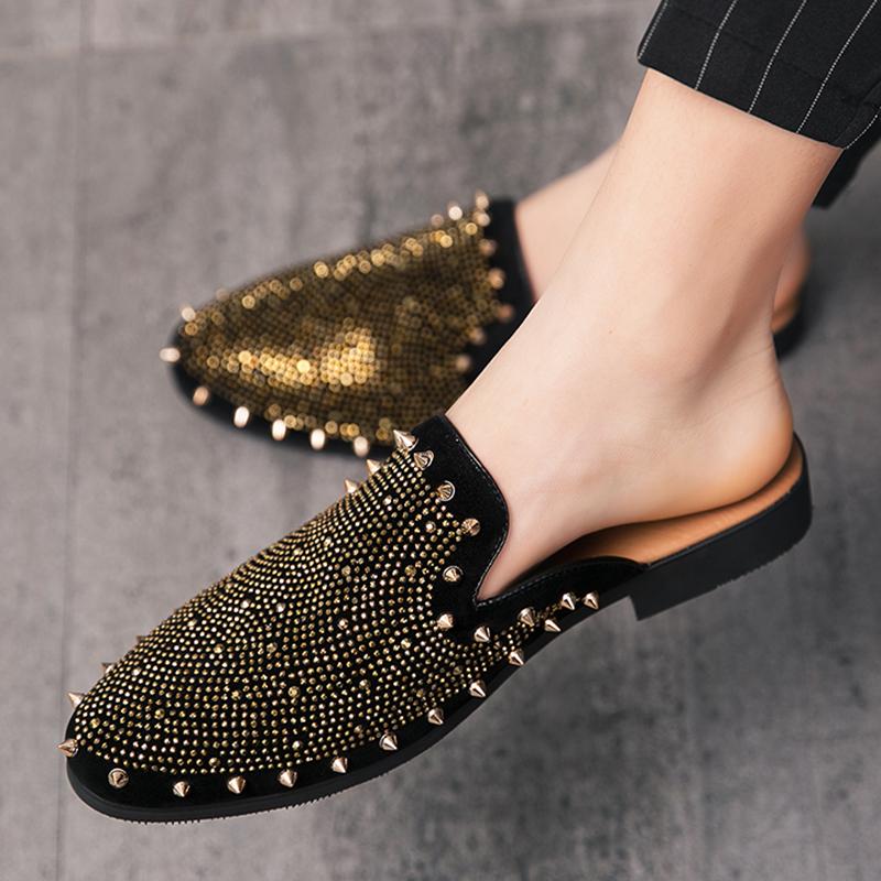 New Gold Hip-hop Rock Punk Rivet Rhinestones Shoes For Men Half Slippers Summer Fashion Casual Mules Moccasins Loafers