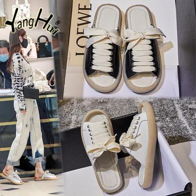 Летние модные уличные современные тапочки 2024 года, новые тапочки с плоским дном и шнуровкой, универсальная женская обувь в стиле ретро