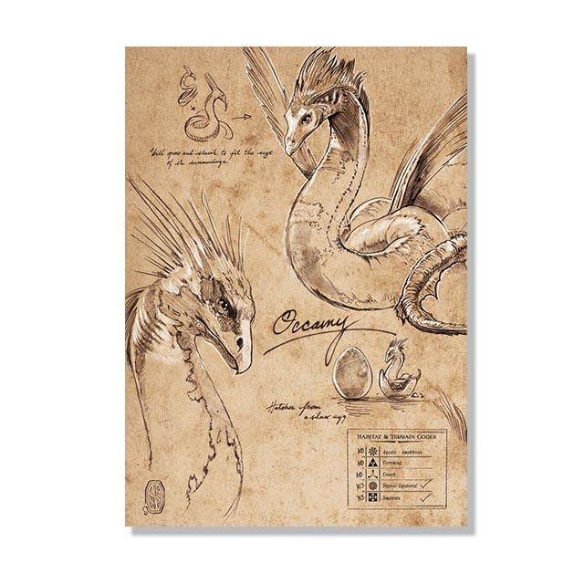 Винтажный эскиз монстра полевые заметки плакаты с совой динозавр Магия Волшебный мир животные холст картины настенная художественная роспись домашний декор