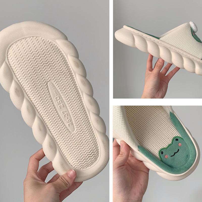 Милые льняные тапочки с лягушкой, женская обувь, парные нескользящие толстые подошвы, весна-лето, хлопковые и льняные крутые тапочки, домашние тапочки, шлепанцы