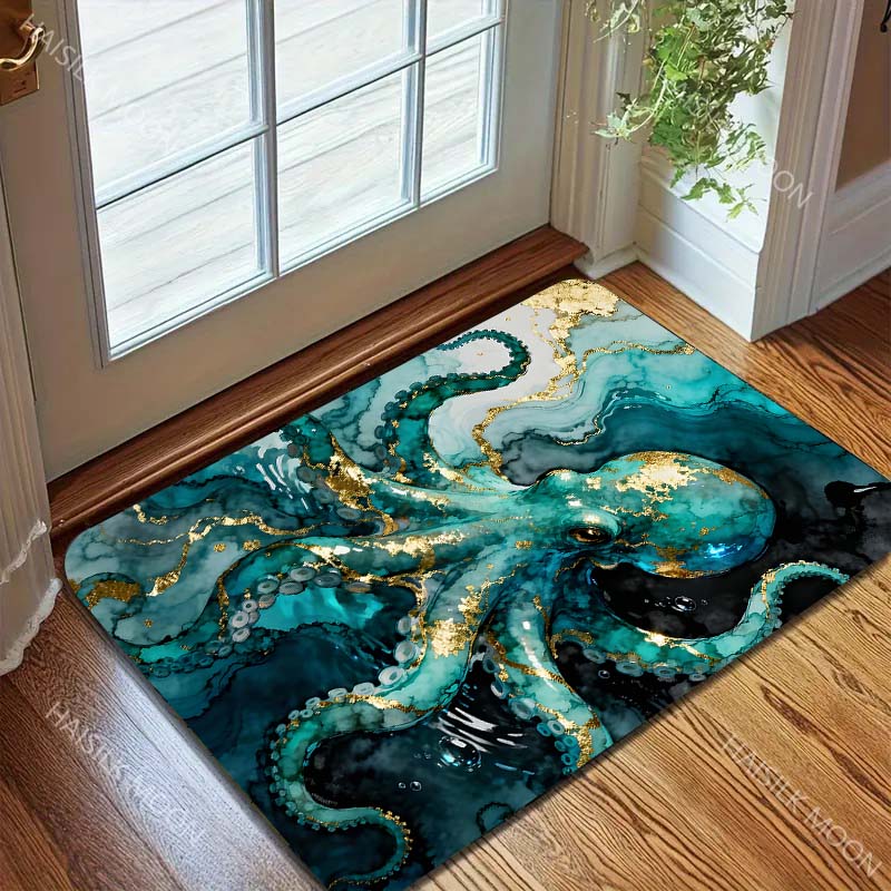 Multiple sizes Blue octopus with gold textures Carpet for Living Room Bedroom Sofa Home Decor Rug Non-slip Floor Mat Luxury Gift