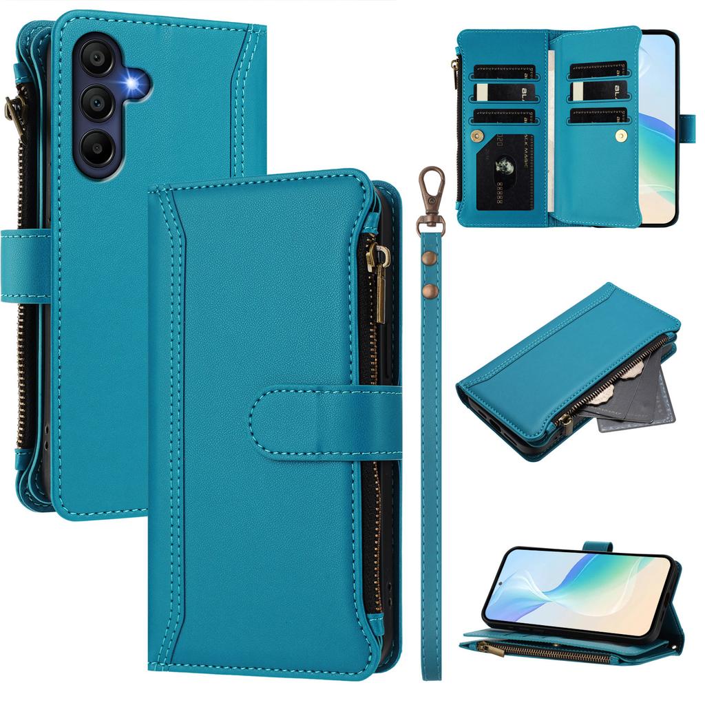 For Samsung Galaxy A26 5G Leather Case 9 Card Slots Zipper Wallet Stand Phone Cover with Wrist Strap