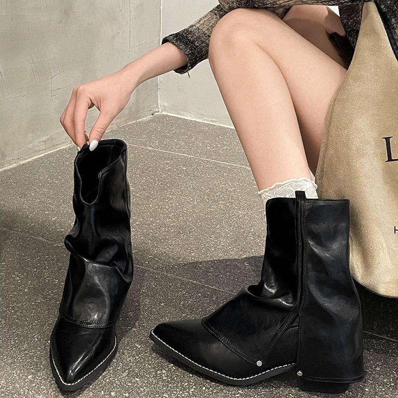 Black Pointed British Style Thick Heel Short Boots Women's 2025 New Summer Versatile Height Increase and Thinness Fried Street Trouser Boots