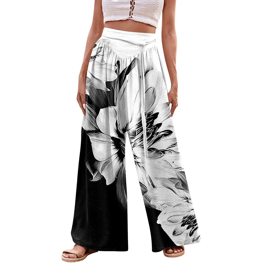 Женские модные повседневные свободные широкие брюки с принтом на завязках и карманами